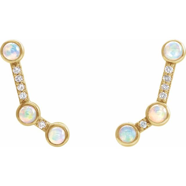 14K Yellow Gold 3 Mm Round Friction Back Polished Natural Ethiopian Opal And .08 Ctw Natural Diamond Ear Climbers