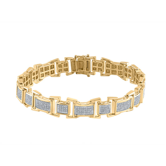 10K Yellow Gold Mens Round Diamond Rectangle Link Bracelet 1-3/8 Cttw