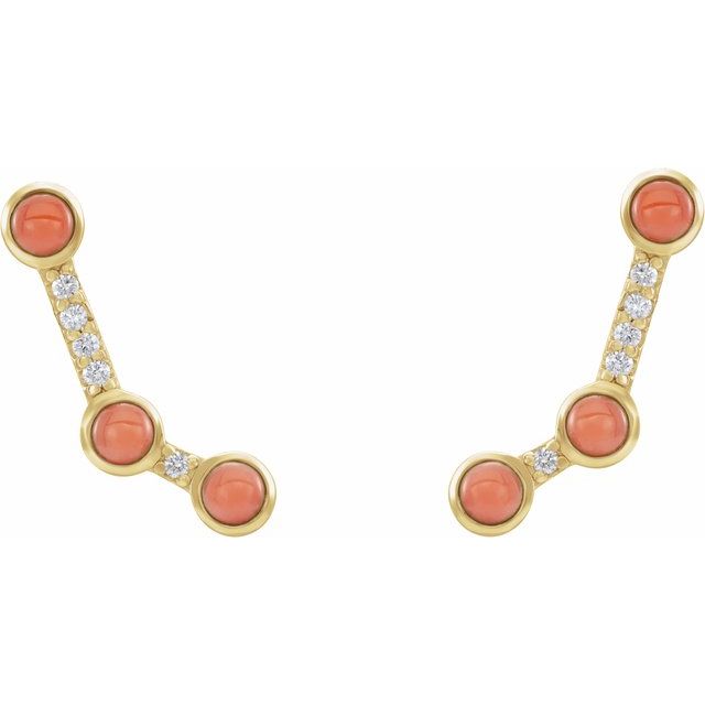 14K Yellow Gold 3 Mm Round Friction Back Polished Natural Pink Coral And .08 Ctw Natural Diamond Ear Climbers
