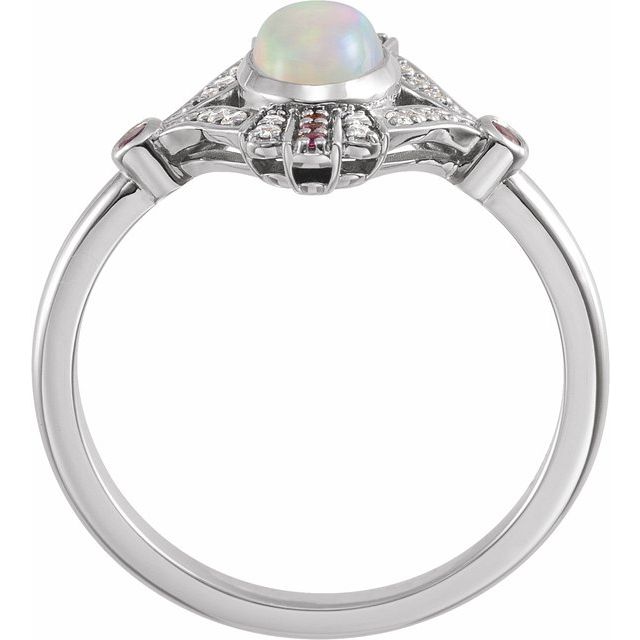 14K White Or Rose Gold Oval 7 X 5 Mm Polished Natural Ethiopian Opal, Pink Sapphire And .06 Ctw Diamond Ring, Size 7