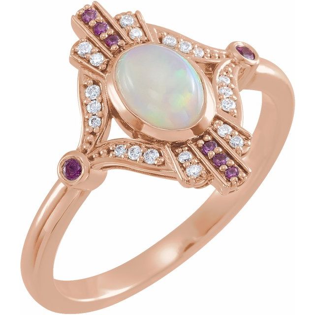 14K White Or Rose Gold Oval 7 X 5 Mm Polished Natural Ethiopian Opal, Pink Sapphire And .06 Ctw Diamond Ring, Size 7