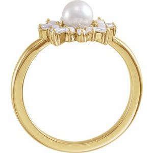 14K Yellow Gold  5 Mm Cultured White Akoya Pearl White Opal And 1/4 Ctw Natural Diamond Ring Size 7