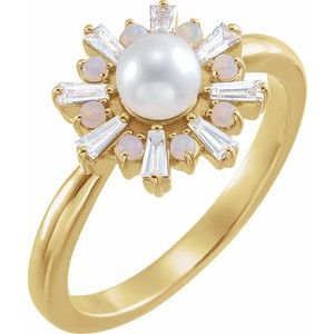 14K Yellow Gold  5 Mm Cultured White Akoya Pearl White Opal And 1/4 Ctw Natural Diamond Ring Size 7