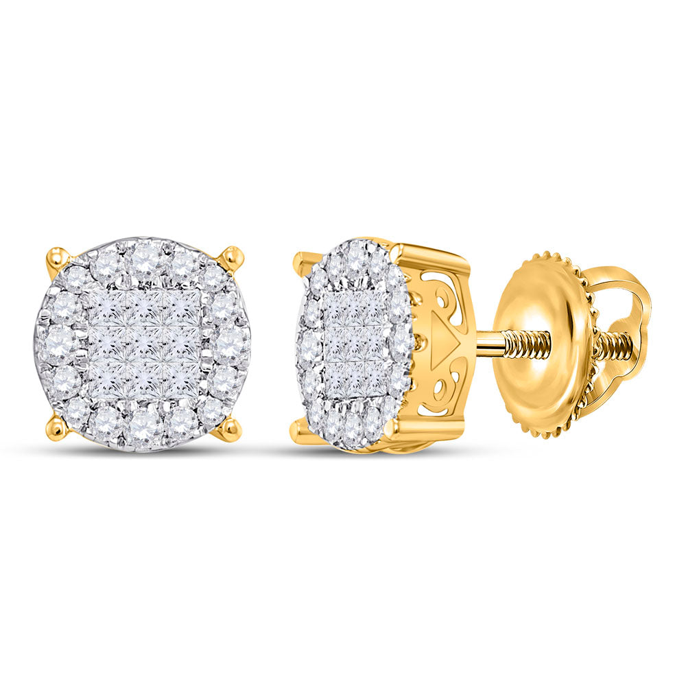 14K Yellow Gold Womens Princess Diamond Fashion Cluster Earrings 1/2 Cttw