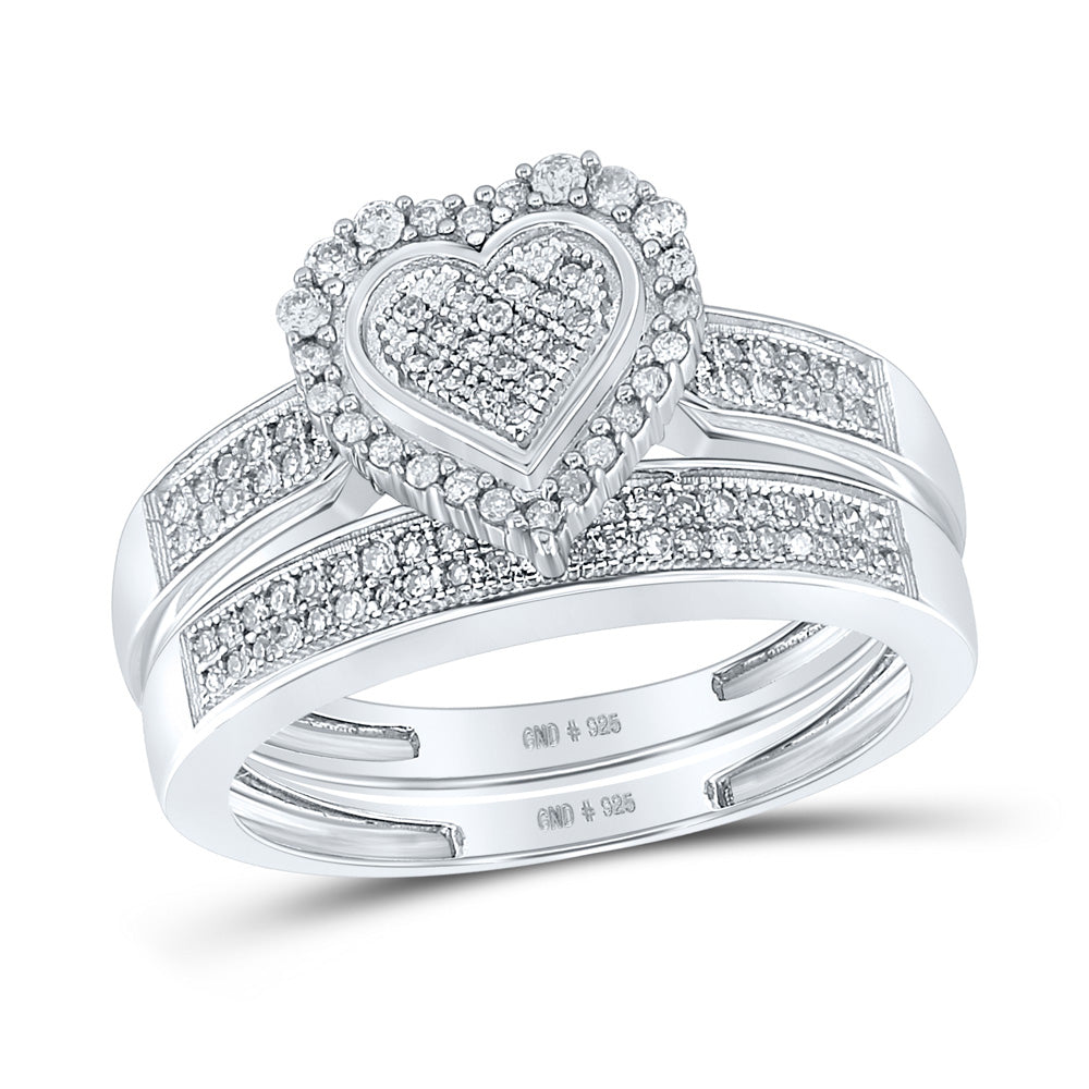 Sterling Silver Round Diamond Heart Bridal Wedding Ring Band Set 3/8 Cttw, Womens Size: 5-10