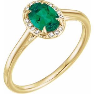 14K Yellow Gold Lab-Grown Emerald Oval 7 X 5 Mm Natural Standard Diamond Polished Lab-Grown Emerald And .03 Ctw Natural Diamond Ring Size 7