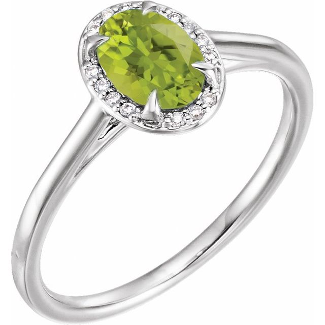 14K White Gold Oval 7 X 5 Mm Polished Natural Peridot And .03 Ctw Natural Diamond Ring, Size 7
