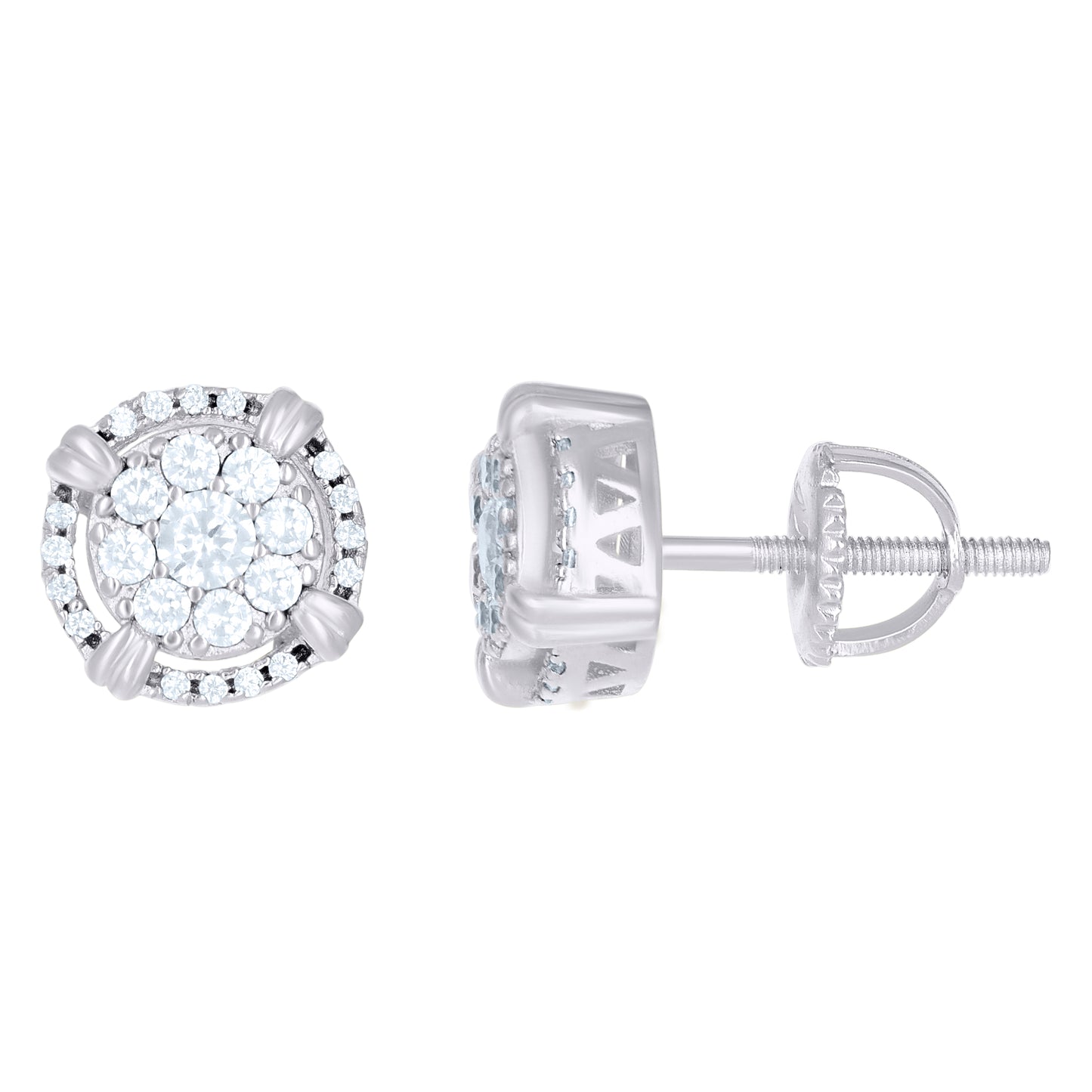 Sterling Silver Or Yellow-Tone Unisex Round Cubic Zirconia Stud Flower Cluster Fashion Earrings