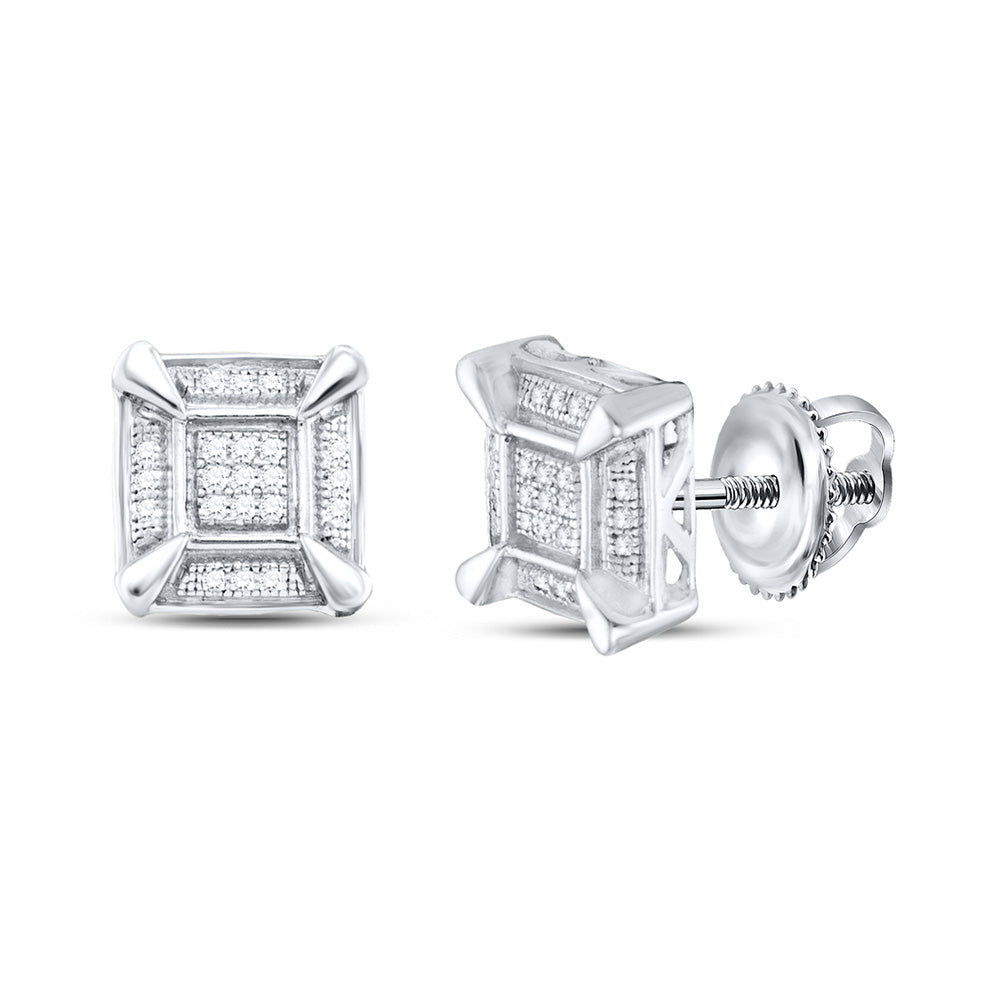 Sterling Silver Or Yellow-tone Sterling Silver Womens Round Diamond Square Cluster Stud Earrings