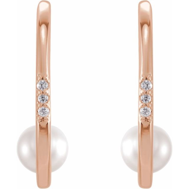 14K Rose Gold 4.5-5.0 Mm Friction Backs Polished White Freshwater Cultured Pearl And .025 Ctw Natural Diamond Earrings