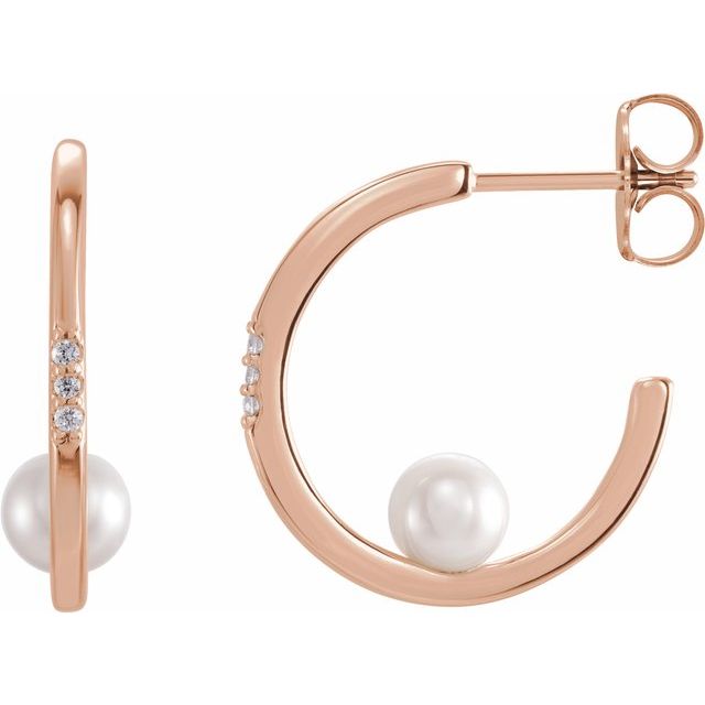 14K Rose Gold 4.5-5.0 Mm Friction Backs Polished White Freshwater Cultured Pearl And .025 Ctw Natural Diamond Earrings