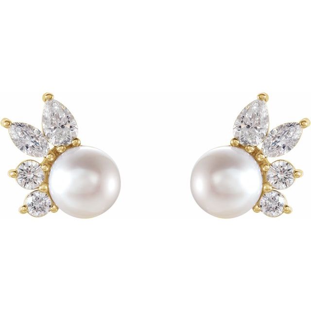 14K Yellow Gold 5.5 Mm Friction Backs Polished Cultured White Akoya Pearl And 1/2 Ctw Natural Diamond Earrings