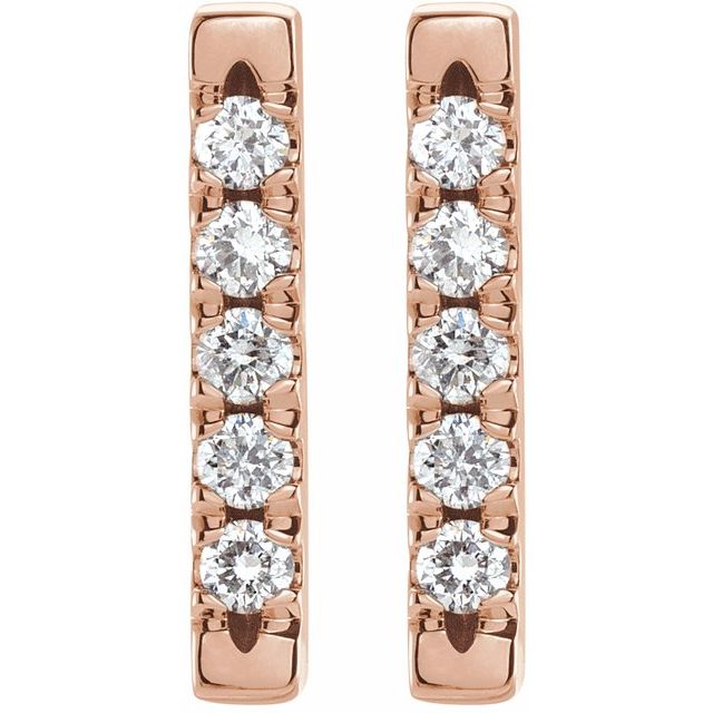 14K Rose Gold 11.2 X 1.9 Mm Round 1.5Mm Pair Friction Back Polished 1/8 Ctw Natural Diamond French-Set Bar Earrings