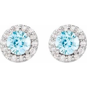 14K White Gold Round 6 Mm Aquamarine And 1/4 Ctw Natural Diamond Earrings