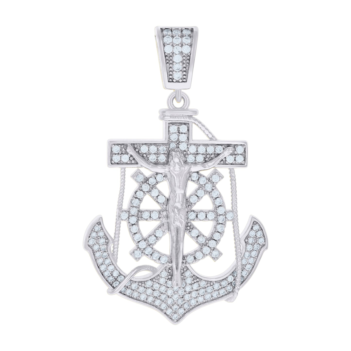 Sterling Silver Mens Cubic Zirconia Religious Anchor Crucifix Charm Pendant