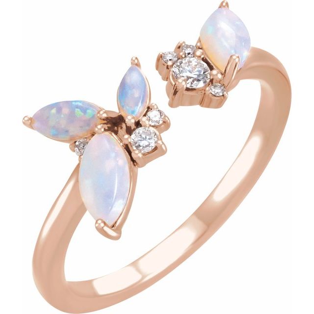14K White Or Rose Gold Polished Natural White Opal And 1/10 Ctw Natural Diamond Ring, Size 7