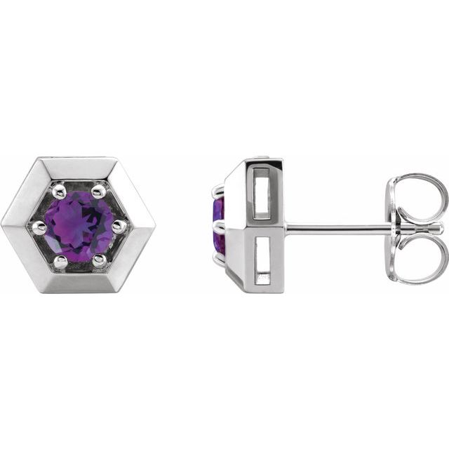 Sterling Silver Round Pair 4 Mm Friction 6-Prong Polished Solitaire Hexagon Stud Earrings