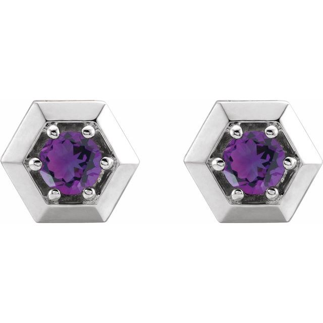 Sterling Silver Round Pair 4 Mm Friction 6-Prong Polished Solitaire Hexagon Stud Earrings