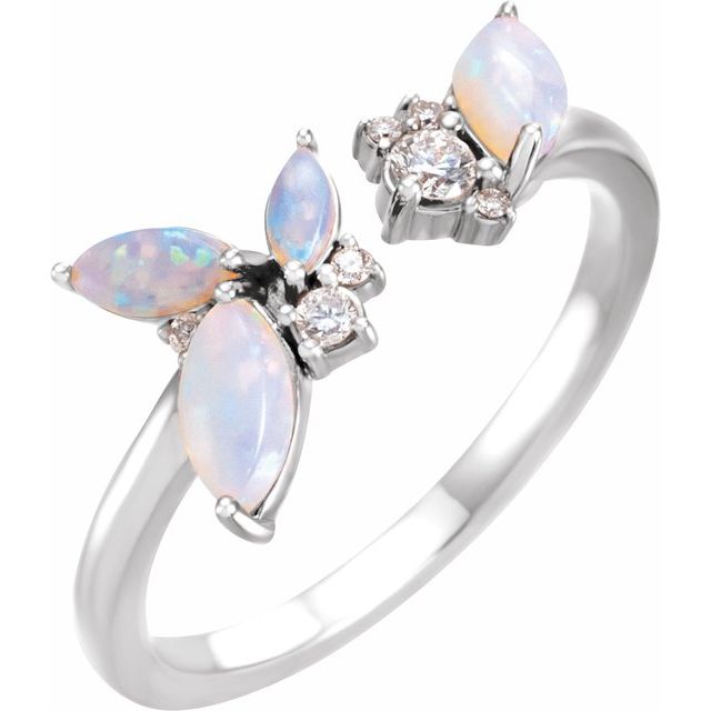 14K White Or Rose Gold Polished Natural White Opal And 1/10 Ctw Natural Diamond Ring, Size 7