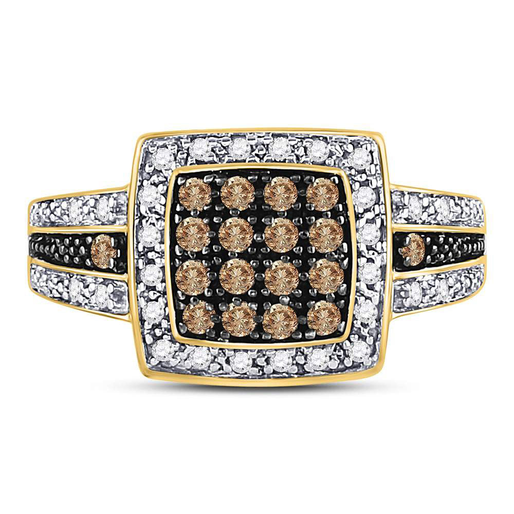 10K Yellow Gold Womens Round Brown Diamond Square Cluster Ring 1/2 Cttw, Womens Size: 5-10