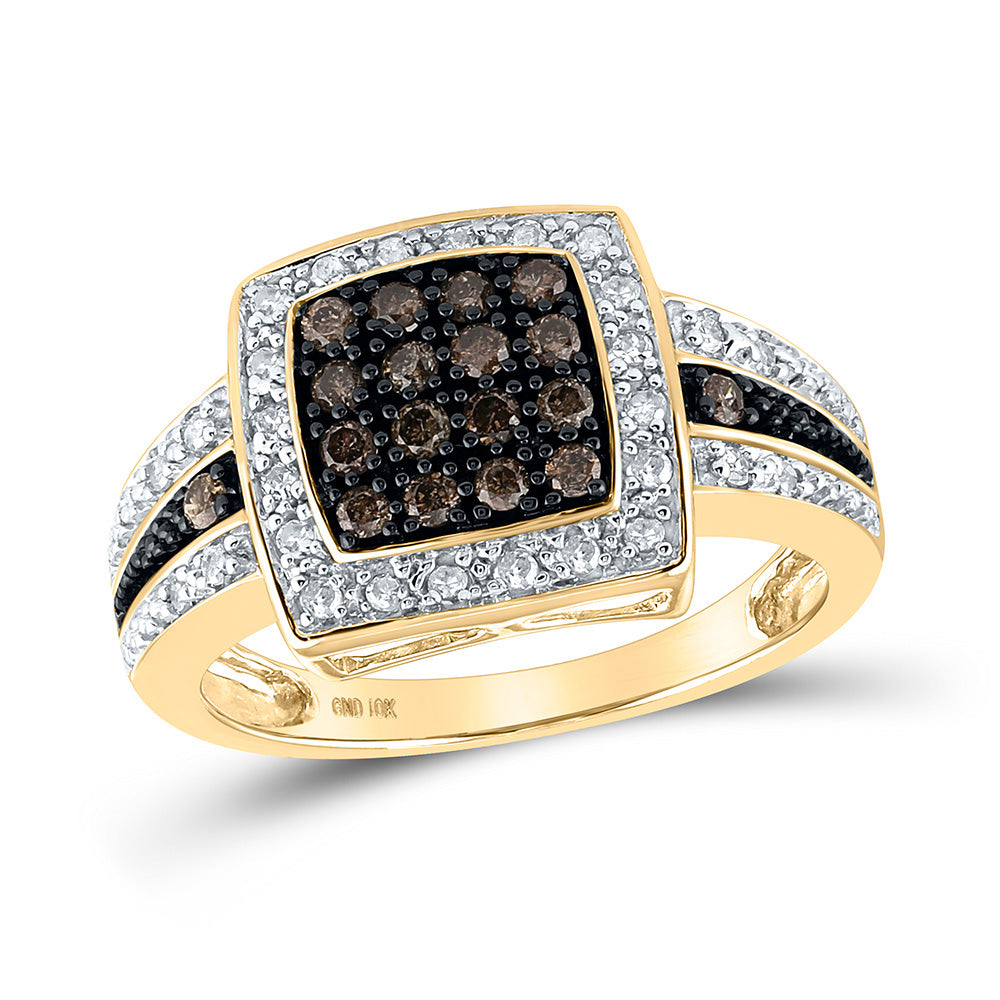10K Yellow Gold Womens Round Brown Diamond Square Cluster Ring 1/2 Cttw, Womens Size: 5-10