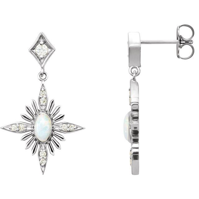 14K White Gold Oval 5 X 3 Mm Friction Backs Polished Natural Opal And 1/6 Ctw Natural Diamond Earrings