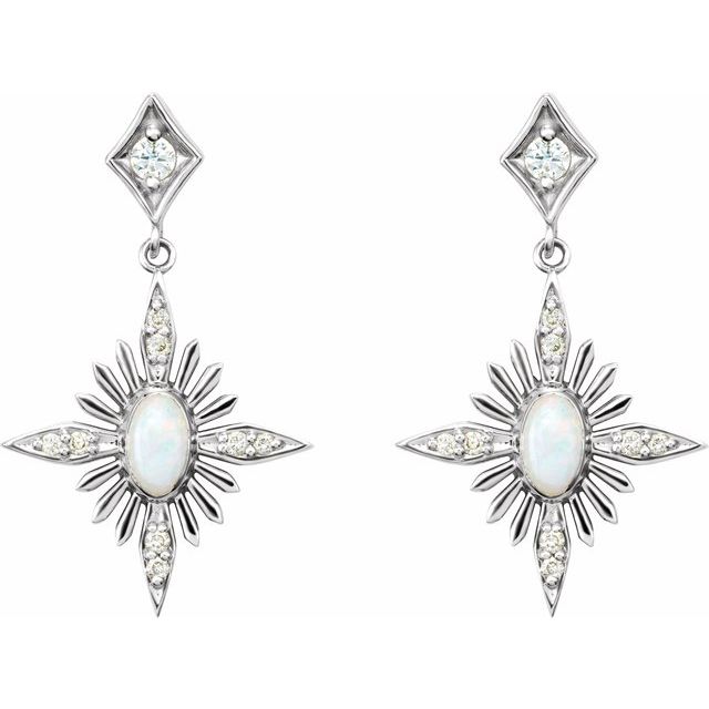 14K White Gold Oval 5 X 3 Mm Friction Backs Polished Natural Opal And 1/6 Ctw Natural Diamond Earrings