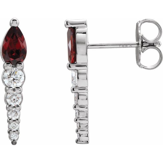 14K White Gold Pear 5 X 3 Mm Friction Backs Polished Natural Mozambique Garnet And 1/4 Ctw Natural Diamond Earrings