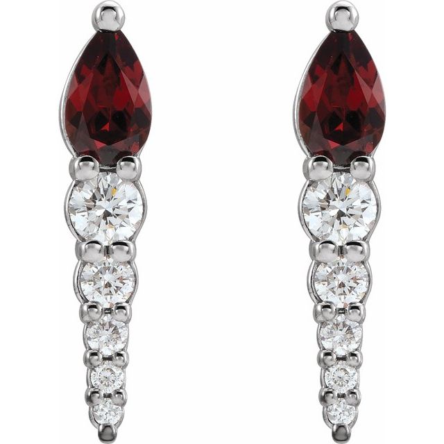 14K White Gold Pear 5 X 3 Mm Friction Backs Polished Natural Mozambique Garnet And 1/4 Ctw Natural Diamond Earrings