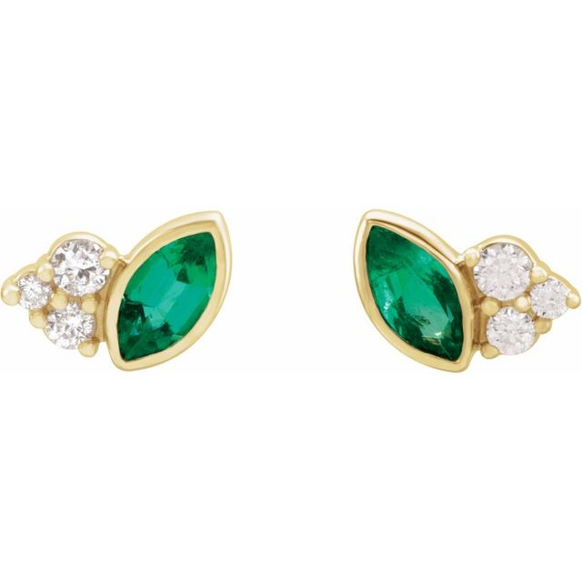 14K Yellow Gold Marquise 4 X 2 Mm Friction Back Polished Lab-Grown Emerald And .05 Ctw Natural Diamond Earrings