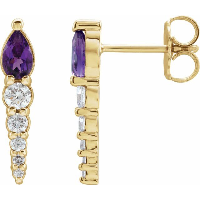 14K Yellow Gold Pear 5 X 3 Mm Friction Backs Polished Natural Amethyst And 1/4 Ctw Natural Diamond Earrings
