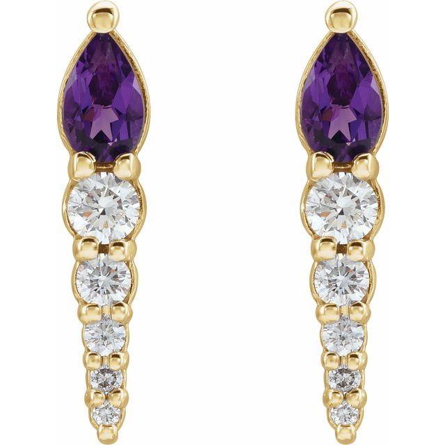 14K Yellow Gold Pear 5 X 3 Mm Friction Backs Polished Natural Amethyst And 1/4 Ctw Natural Diamond Earrings