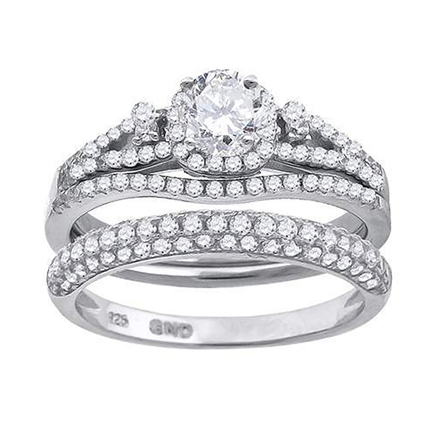 Sterling Silver Cubic Zirconia Halo Bridal Anniversary Engagement Wedding Trio Set Ring