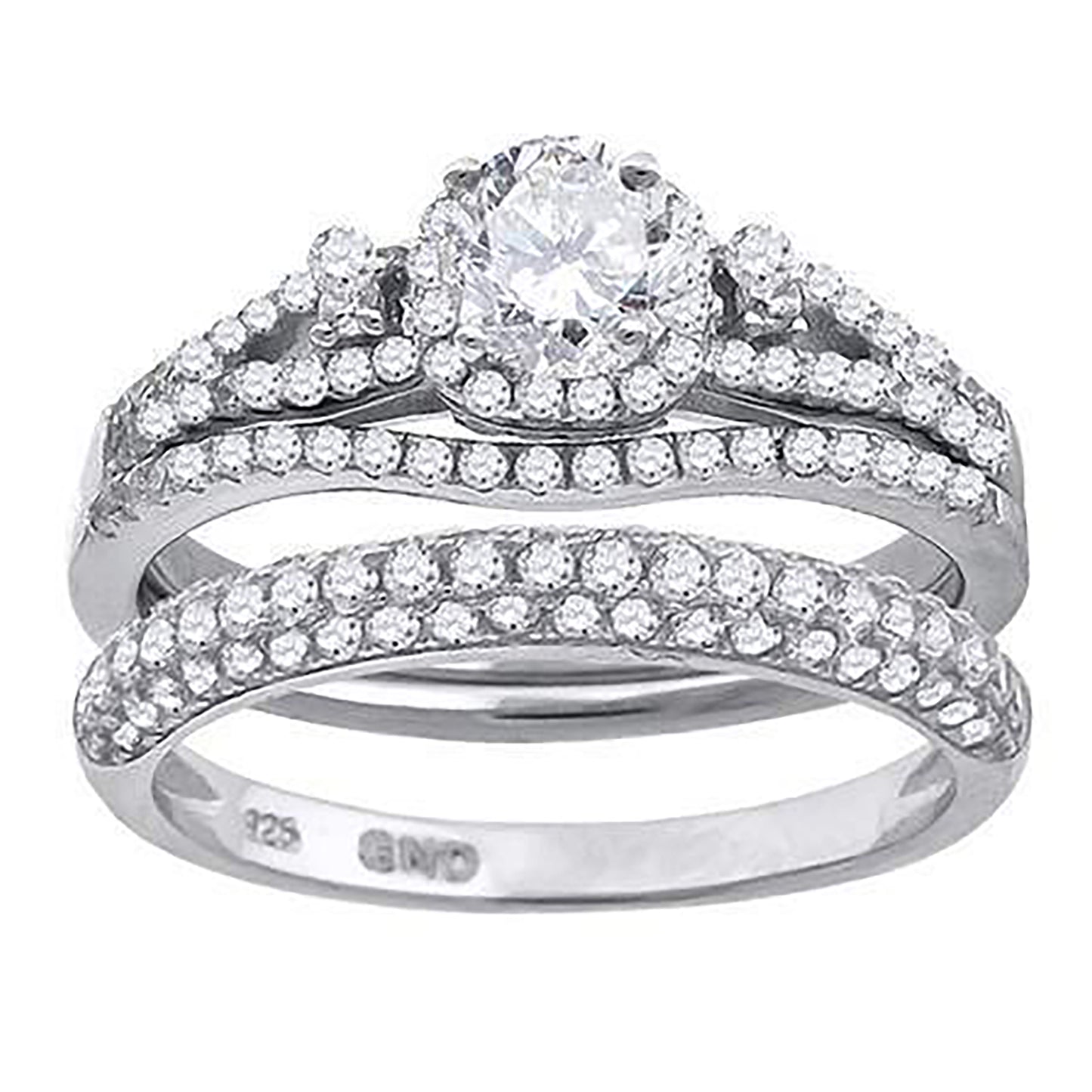 Sterling Silver Cubic Zirconia Halo Bridal Anniversary Engagement Wedding Trio Set Ring