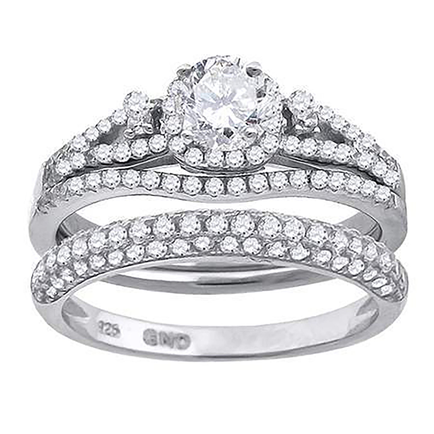 Sterling Silver Cubic Zirconia Halo Bridal Anniversary Engagement Wedding Trio Set Ring