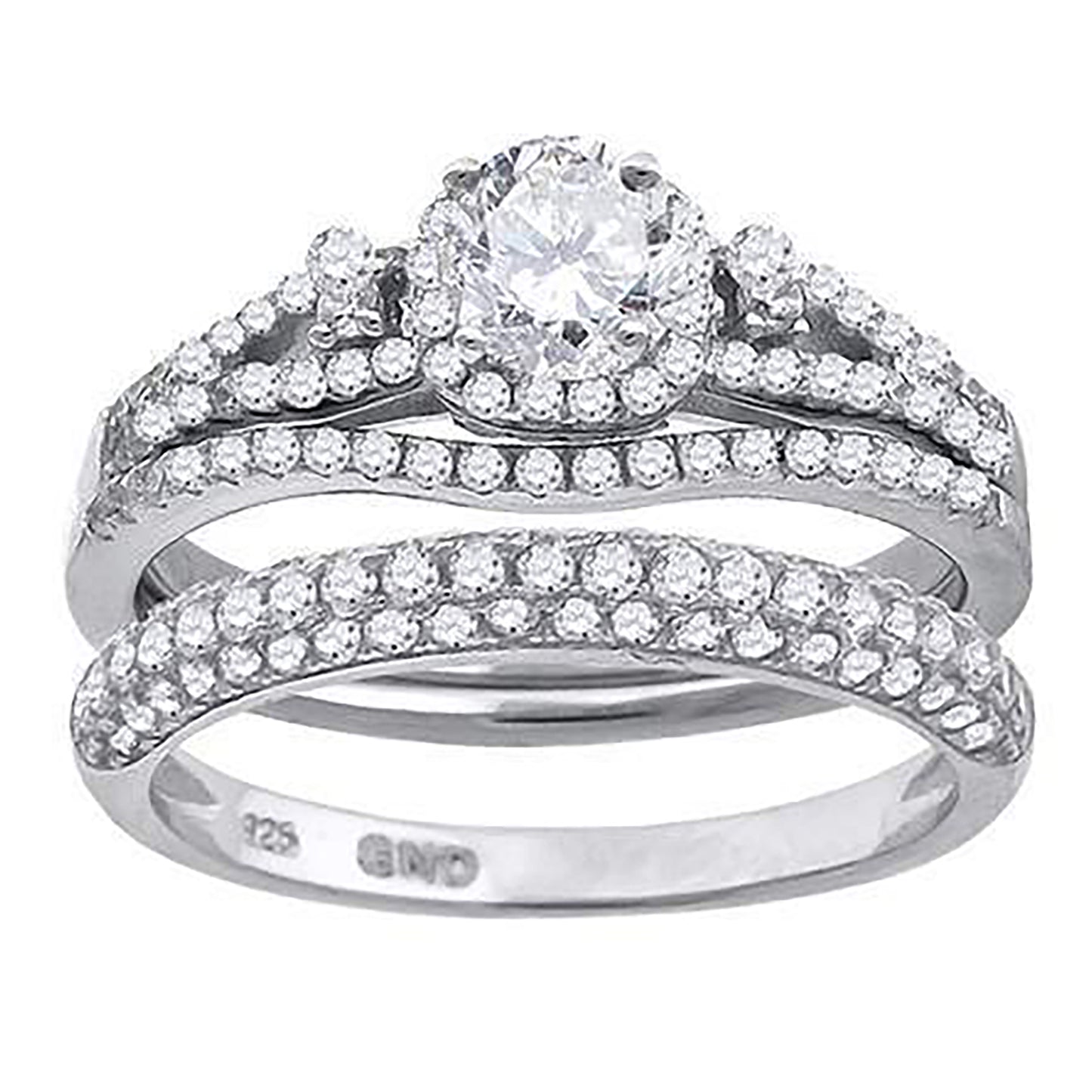 Sterling Silver Cubic Zirconia Halo Bridal Anniversary Engagement Wedding Trio Set Ring