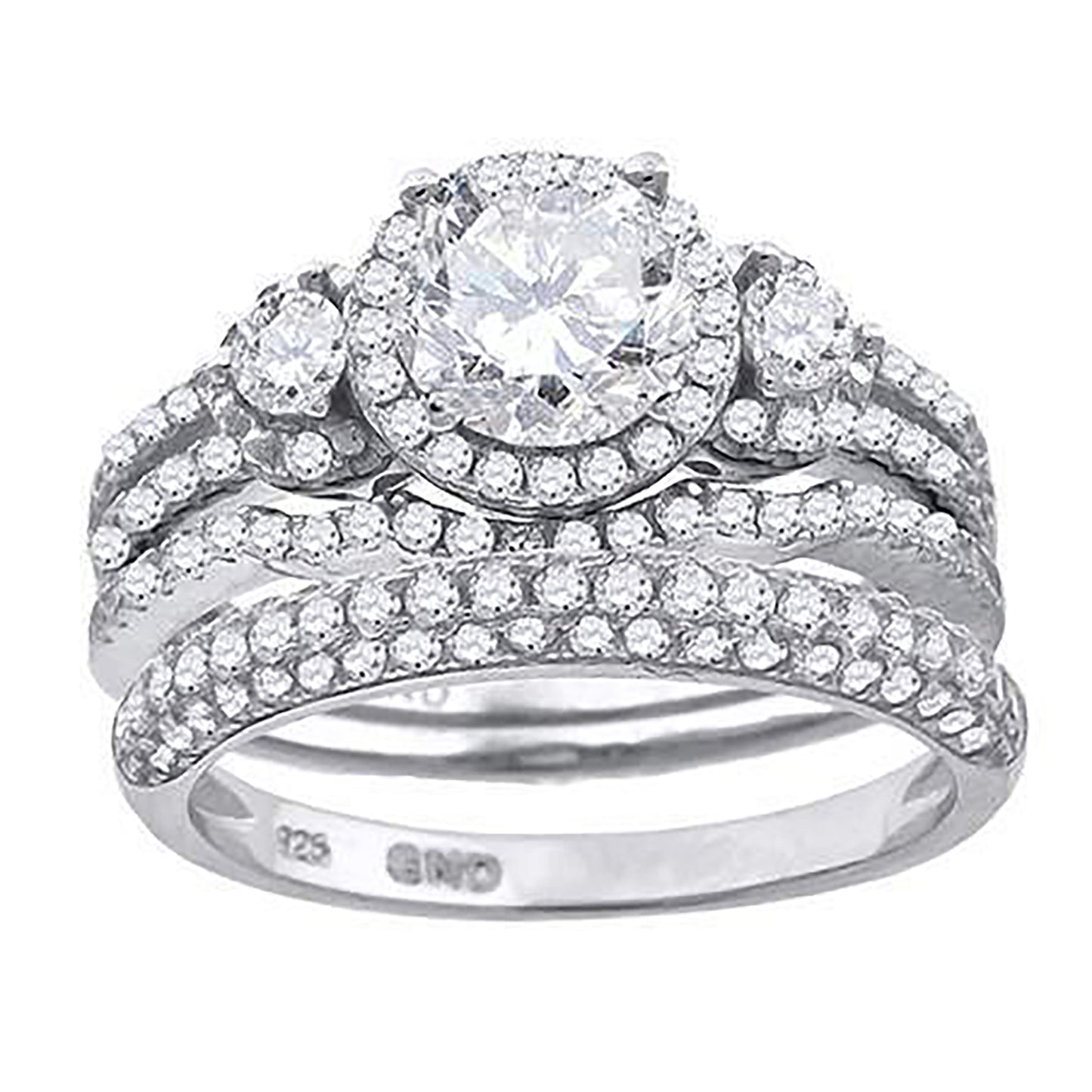 Sterling Silver Cubic Zirconia Halo Bridal Anniversary Engagement Wedding Trio Set Ring