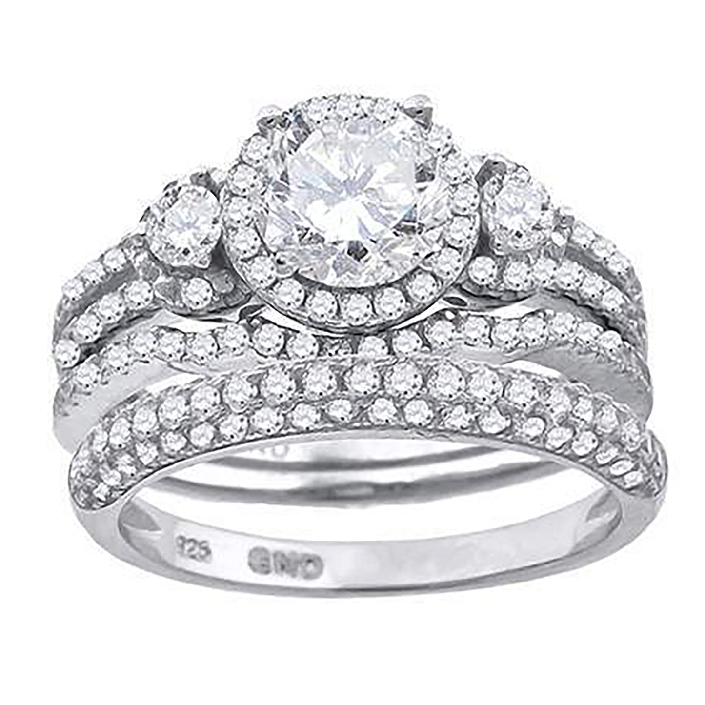 Sterling Silver Cubic Zirconia Halo Bridal Anniversary Engagement Wedding Trio Set Ring