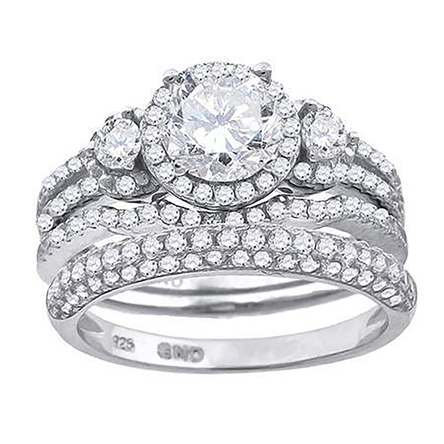 Sterling Silver Cubic Zirconia Halo Bridal Anniversary Engagement Wedding Trio Set Ring