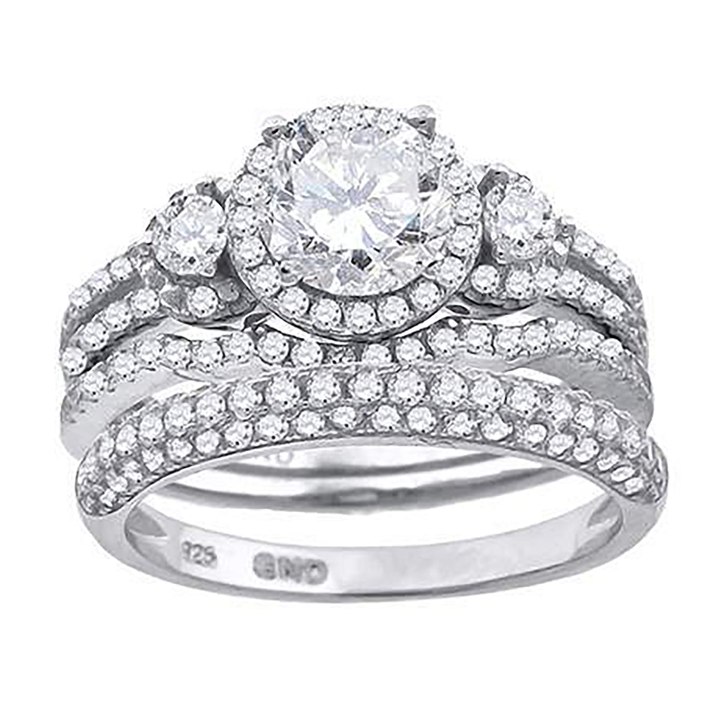 Sterling Silver Cubic Zirconia Halo Bridal Anniversary Engagement Wedding Trio Set Ring