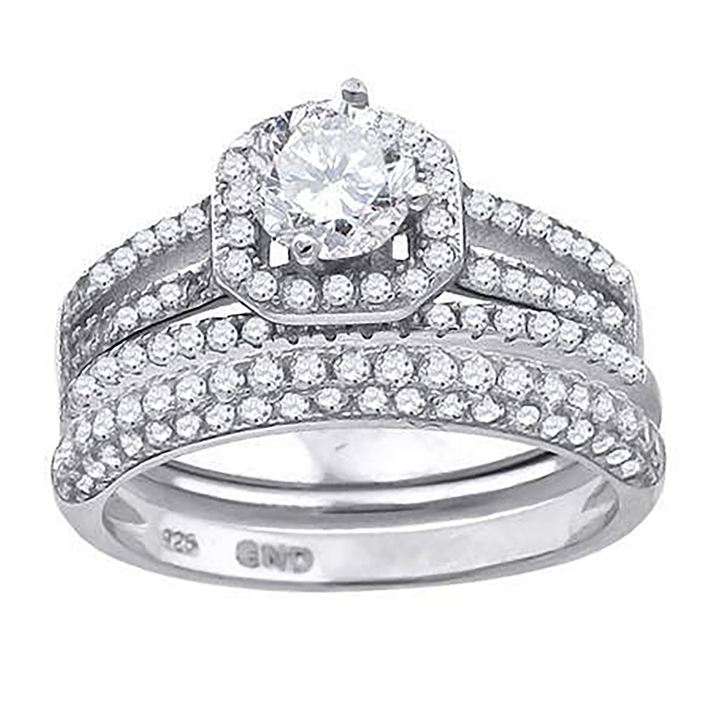 Sterling Silver Cubic Zirconia Halo Bridal Anniversary Engagement Wedding Trio Set Ring