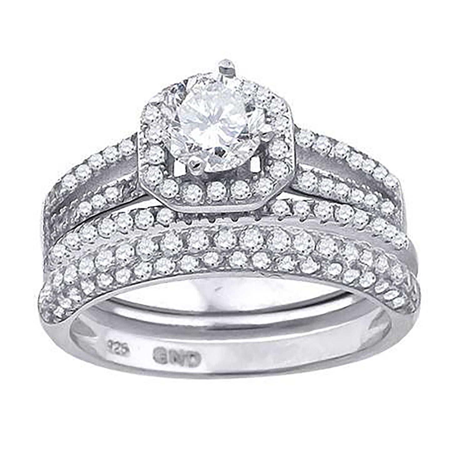Sterling Silver Cubic Zirconia Halo Bridal Anniversary Engagement Wedding Trio Set Ring