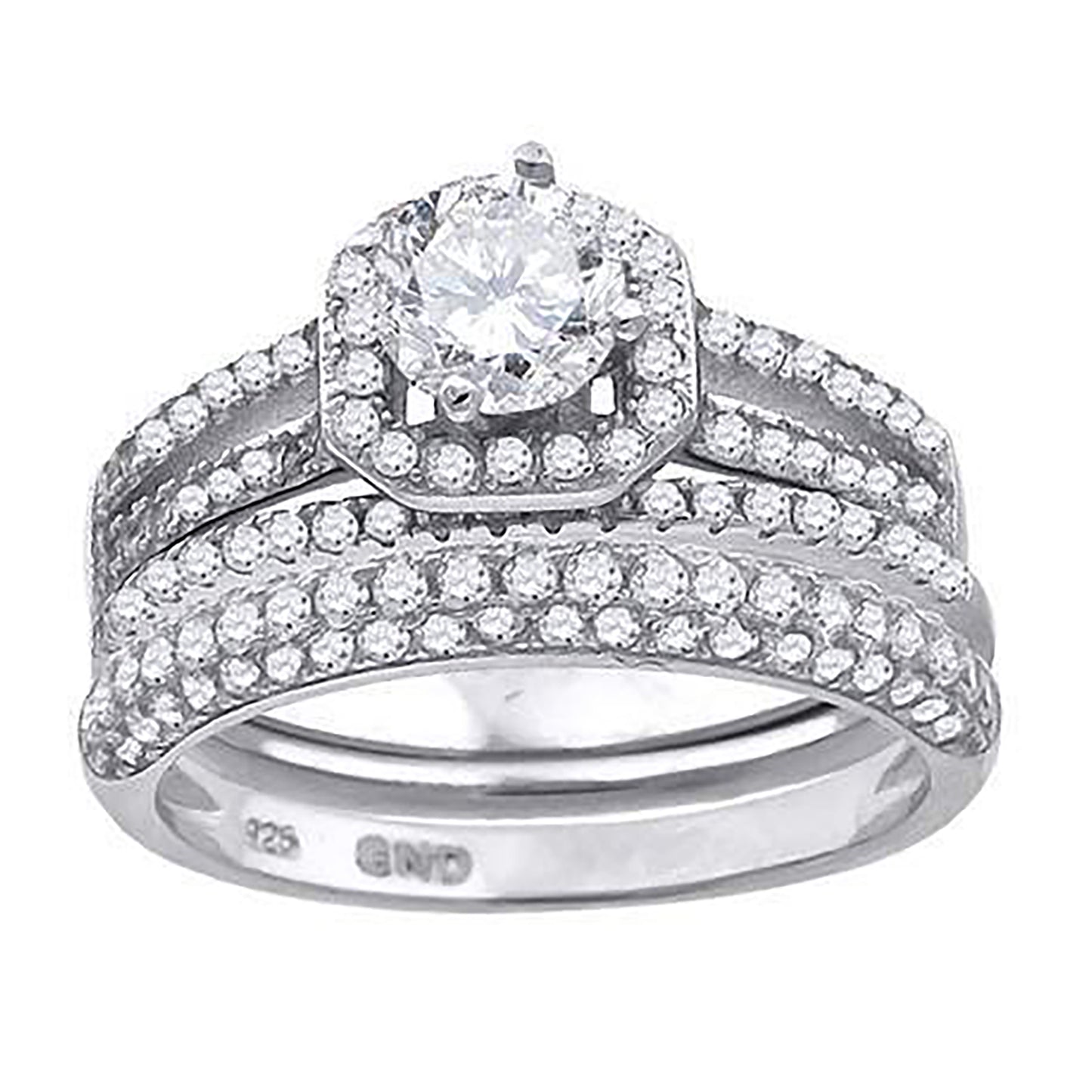 Sterling Silver Cubic Zirconia Halo Bridal Anniversary Engagement Wedding Trio Set Ring