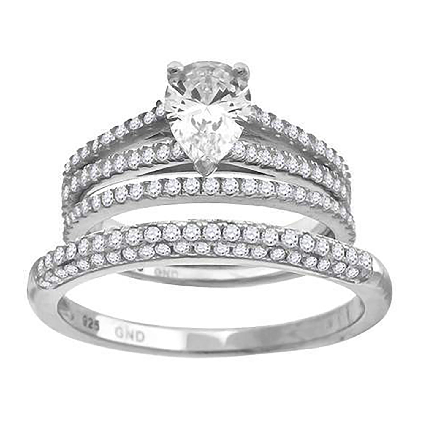 Sterling Silver Cubic Zirconia Pear Bridal Anniversary Engagement Wedding Trio Set Ring