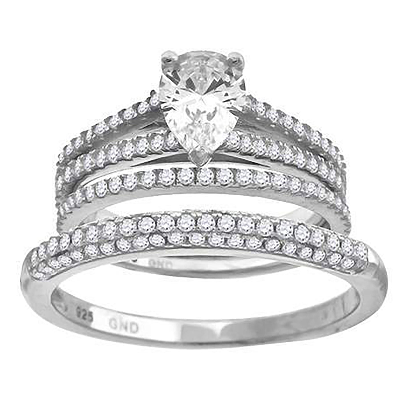 Sterling Silver Cubic Zirconia Pear Bridal Anniversary Engagement Wedding Trio Set Ring
