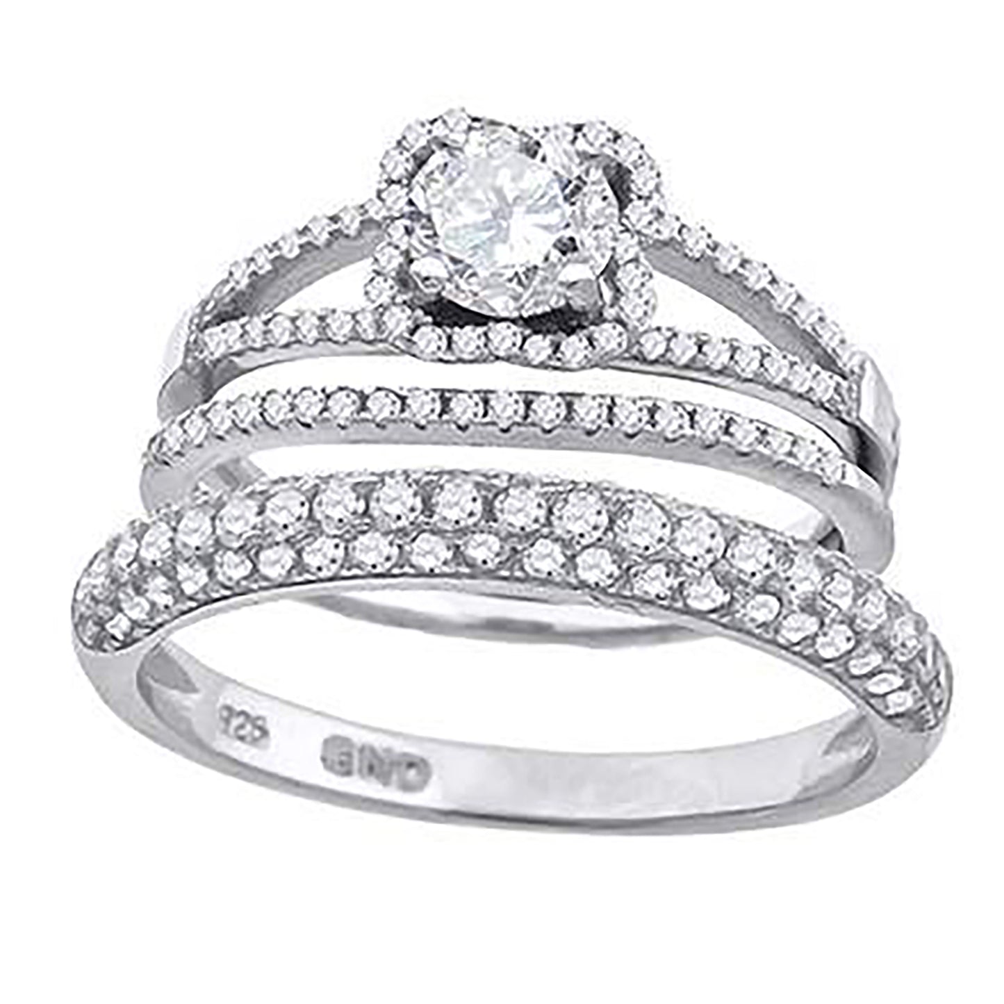 Sterling Silver Cubic Zirconia Floral Halo Bridal Anniversary Engagement Wedding Trio Set Ring