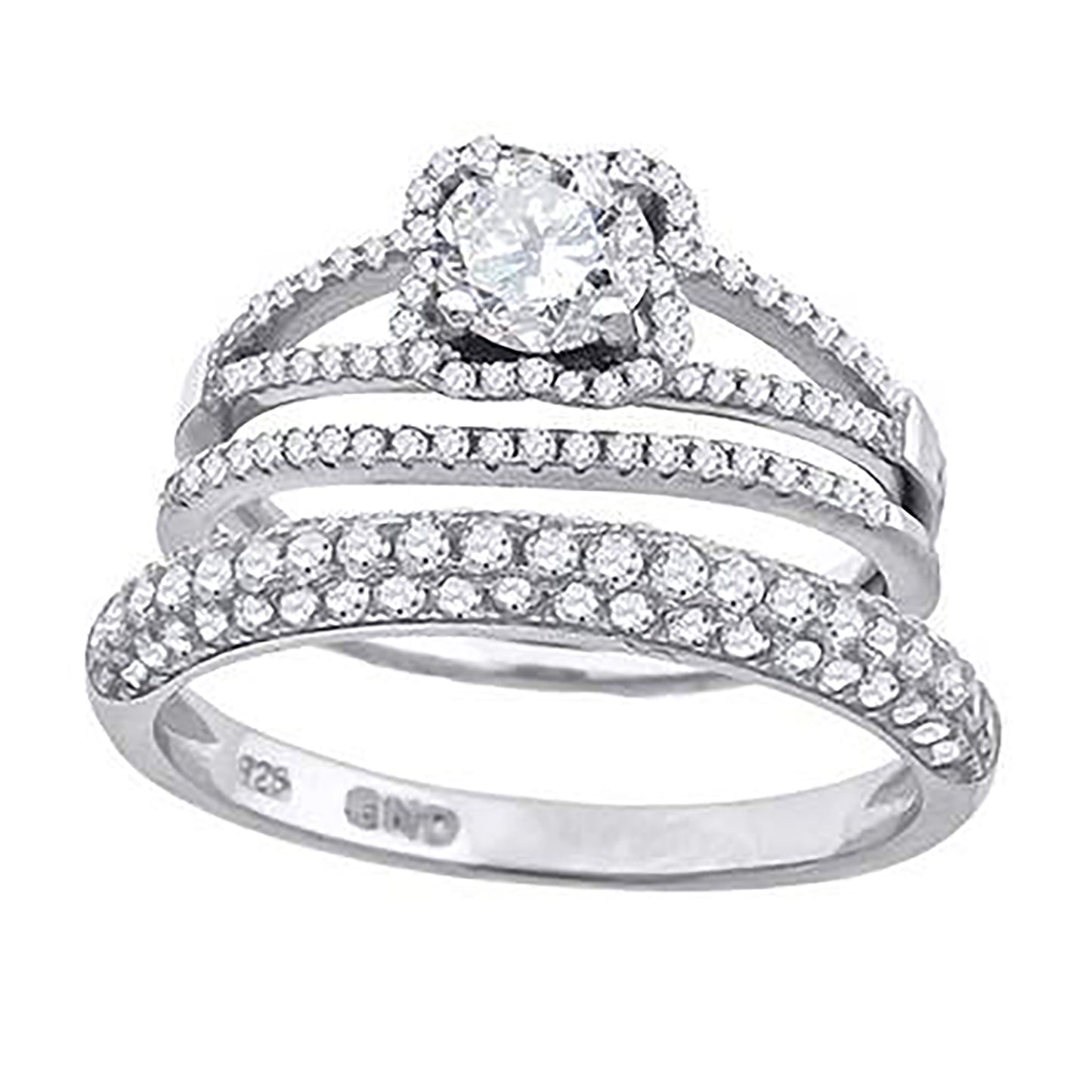 Sterling Silver Cubic Zirconia Floral Halo Bridal Anniversary Engagement Wedding Trio Set Ring