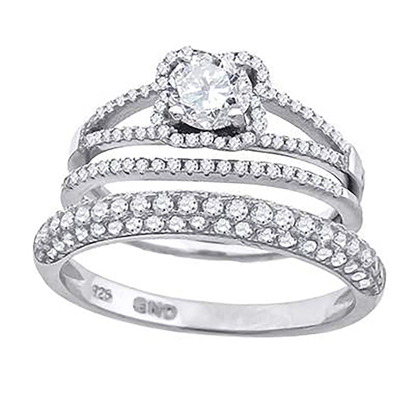 Sterling Silver Cubic Zirconia Floral Halo Bridal Anniversary Engagement Wedding Trio Set Ring