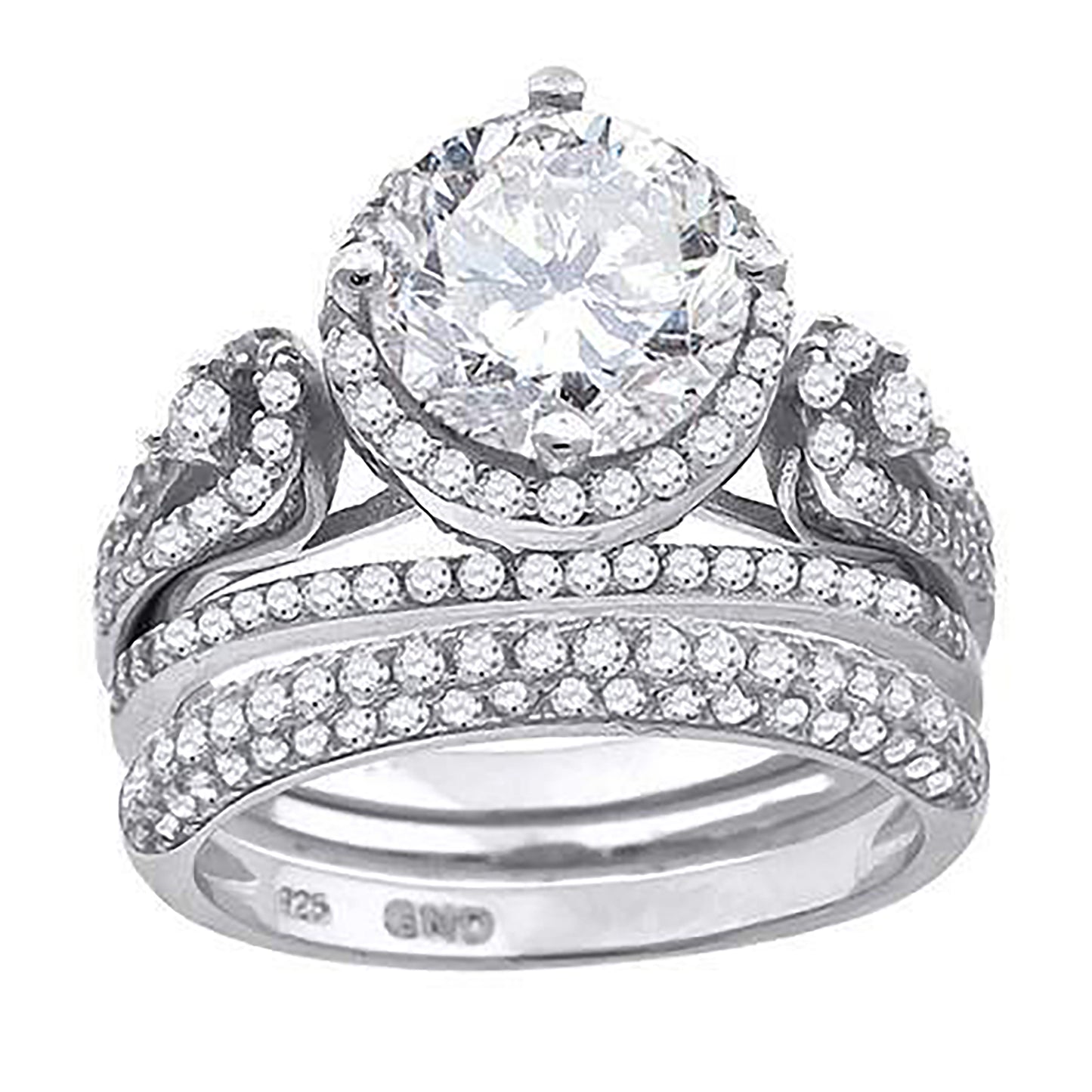Sterling Silver Cubic Zirconia Halo Bridal Anniversary Engagement Wedding Trio Set Ring