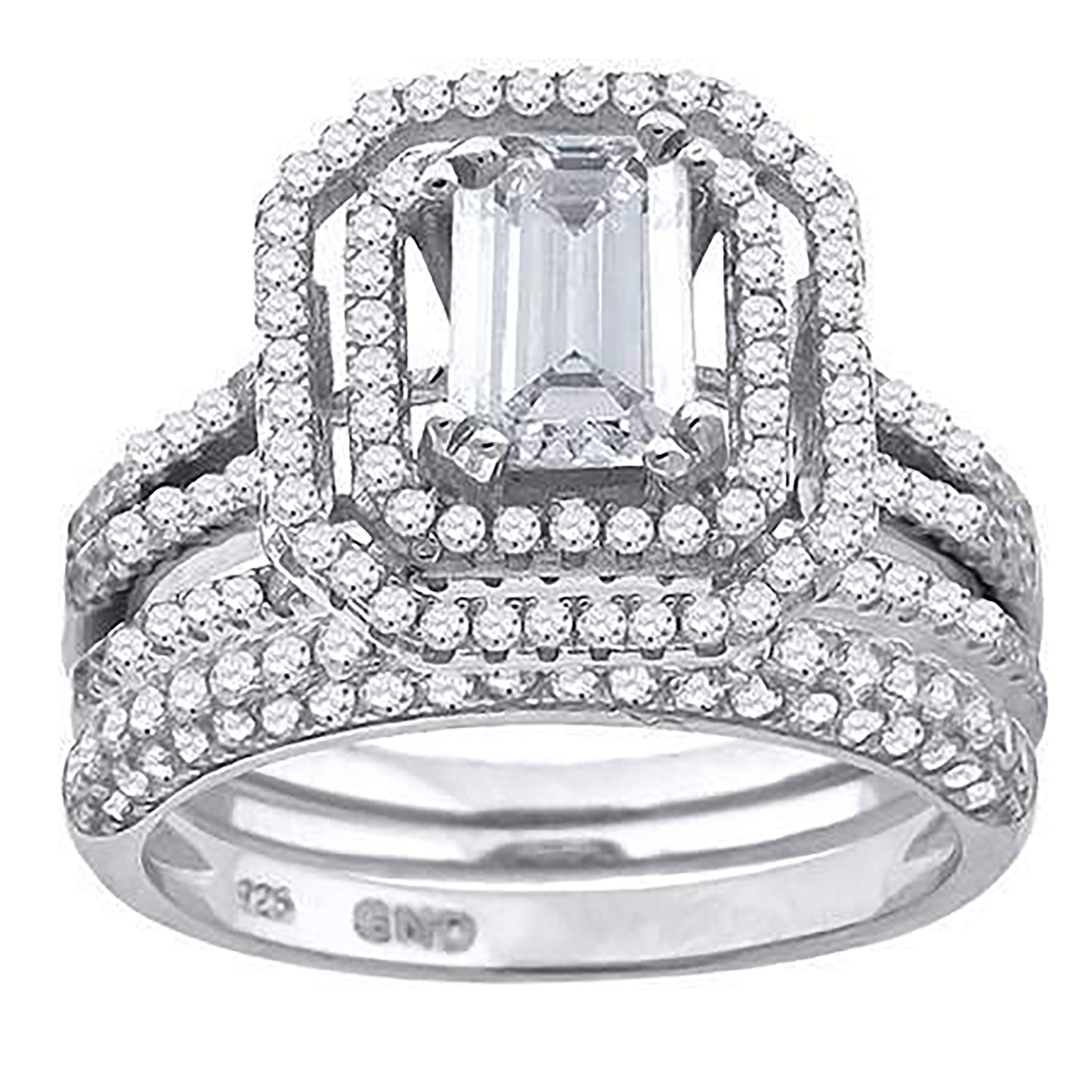 Sterling Silver Cubic Zirconia Halo Bridal Anniversary Engagement Wedding Trio Set Ring